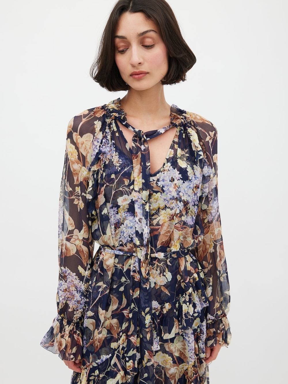 Zimmermann Navy Floral Tiered Tie-Neck Maxi Dress - Picture 3 of 17